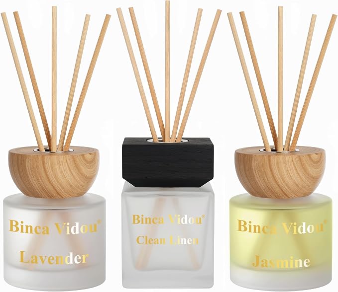 Reed Diffuser Set of 3, Binca Vidou Natural Scent Oil Diffusers with Sticks for Home Office Bathroom Aromatherapy Decor 3.38oz x 3(Lavender, Linen & Jasmine)