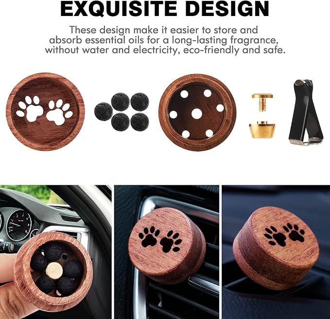 Essential Oil Car Diffuser, 2 PCS Cat Paw-Shaped Car Aromatherapy Wood Diffuser with Vent Clip