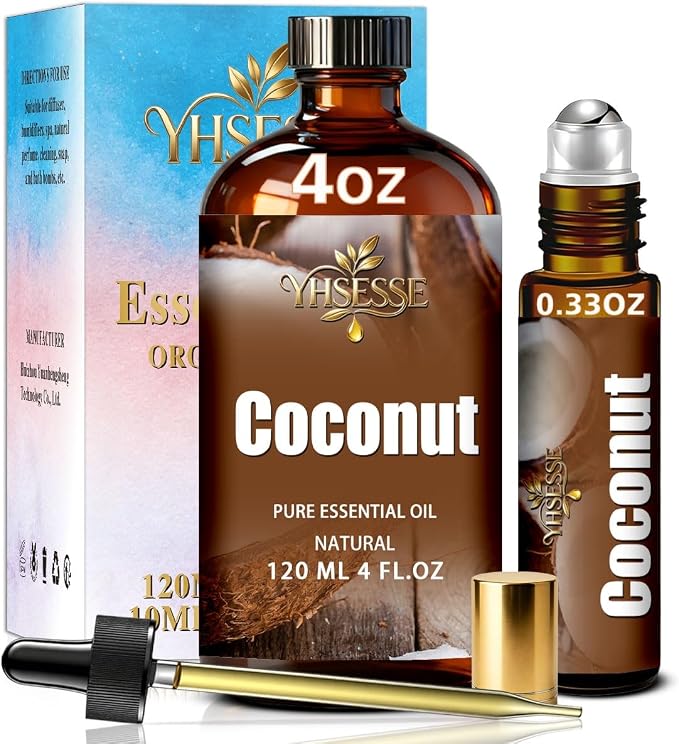 Coconut Essential Oil, Coconut Oil 4 Fl Oz 120ml for Diffuser Yoga Soap & Candle Making – with 0.33 Oz Roller Ball & Dropper YHSESSE Essential Oils