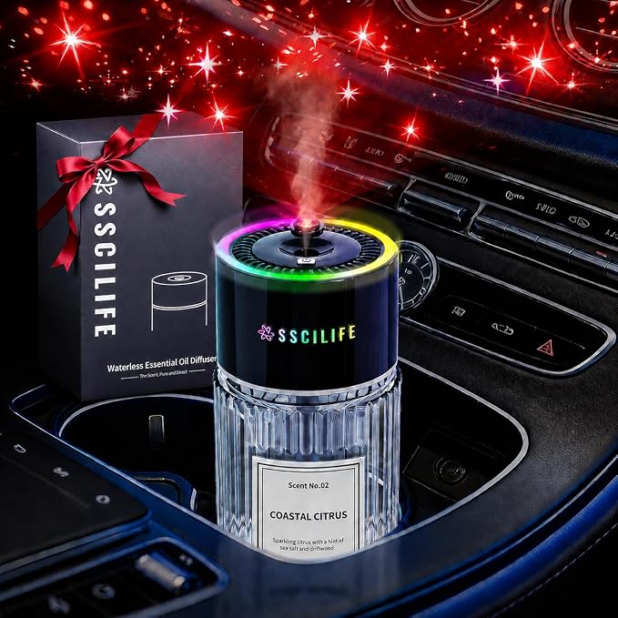 Smart Car Air Freshener Diffuser with Star Light, Auto On/Off Car Aroma Diffuser, 130ml Rechargeable Oil Freshener, Up to 130 Days Use, 4 Mist Modes, RGB Music Sync Light-Coastal Citrus