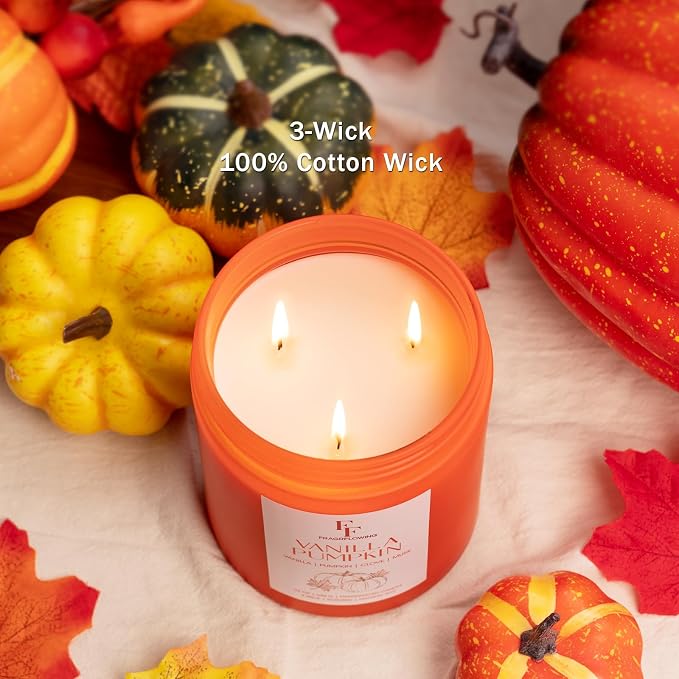 Large Fall Candle Vanilla Pumpkin Scented, 3-Wick 22oz Long Lasting | Soy Wax, Aromatherapy Candle for Home, Fall Gifts for Women Men