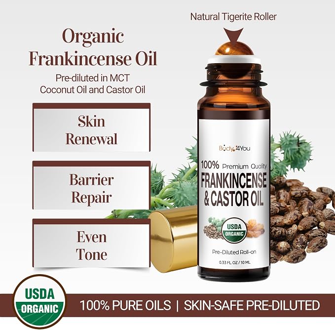 Castor Oil Frankincense Essential Oil Roll On for Face Eyebrows Under Eye - 100% Pure USDA Organic MCT Coconut - Dark Circles Fine Lines Facial Skin Care Serum - Gemstone Roller 10ml Travel Size