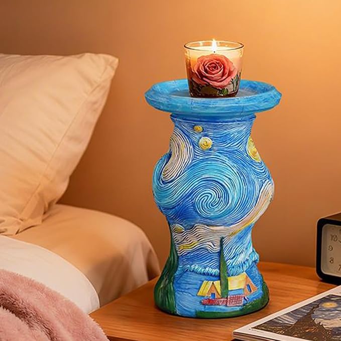 Vangogh Starry Nights Candlestick, Resin Decorative Taper Candle Holder, Art Home Decor, VintageCandle Sticks Holder, Candle Pillar Stands for Table Mantel Wedding Housewarming Gift Home Decoration