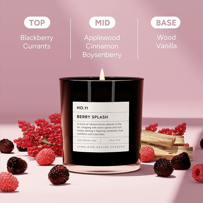 LUMELOOM Berry Splash Luxury Scented Candles, 9oz Soy Wax Candles for Home Scented, BlackBerry, Boysenberry & Woods Scent, Long Burning Time, Gifts for Women, Friends, Men, Mom, Sister