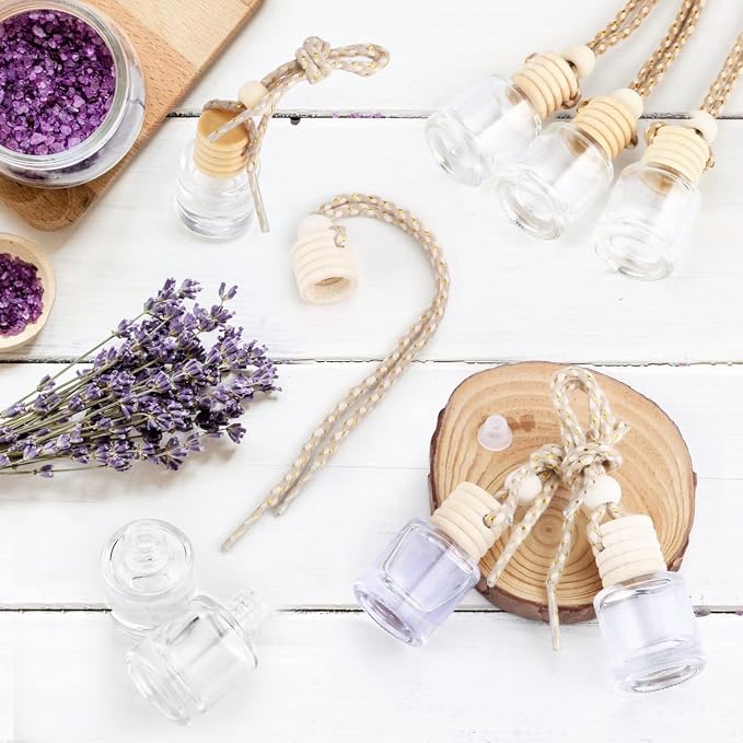 50 Pcs/Set,8ml Hanging Car Air Freshener Diffuser,Empty Refillable Clear Glass Essential Oil Fragrance Perfume Diffuser Pendant Glass Vials with Wooden Caps & Hanging String,Cylindrical Style
