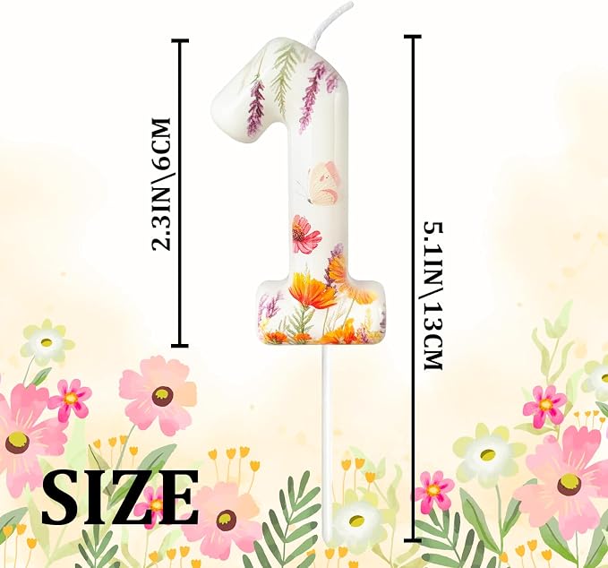 Number 1 Birthday Candle for Cake – Floral Botanical Design with Butterfly Detail – Elegant Cake Topper for Birthday, Garden Party Decoration