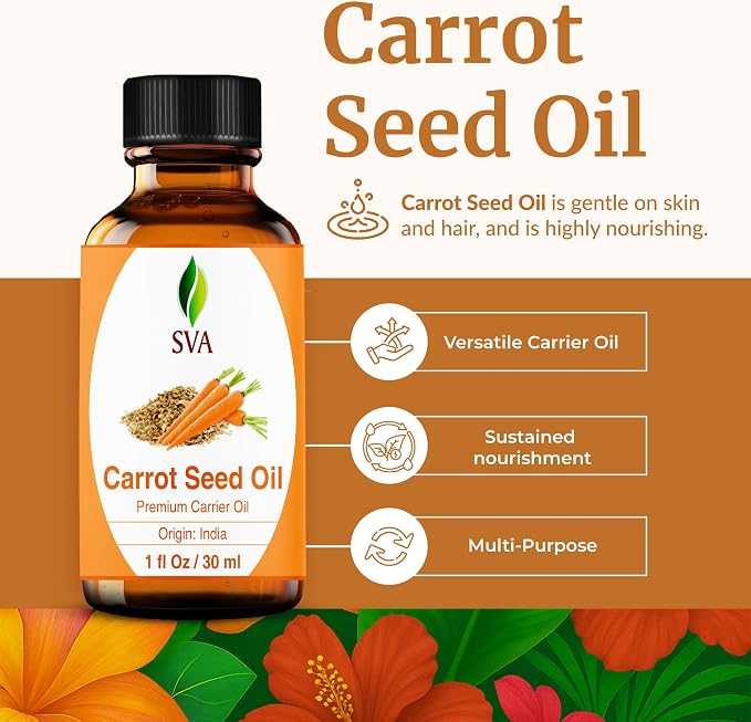 SVA Carrot Seed Oil - 1 Fl Oz - for Face, Skin Care, Hair Care, Scalp Massage & Body Massage – Carrier Oil with Dropper