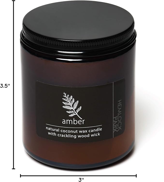 Hemlock Park Amber Apothecary Scented Candle | Crackling Wood Wick, Botanical Fragrance & Coconut Apricot Wax | Up to 60 Hour Burn Time | 8 oz | Made in USA