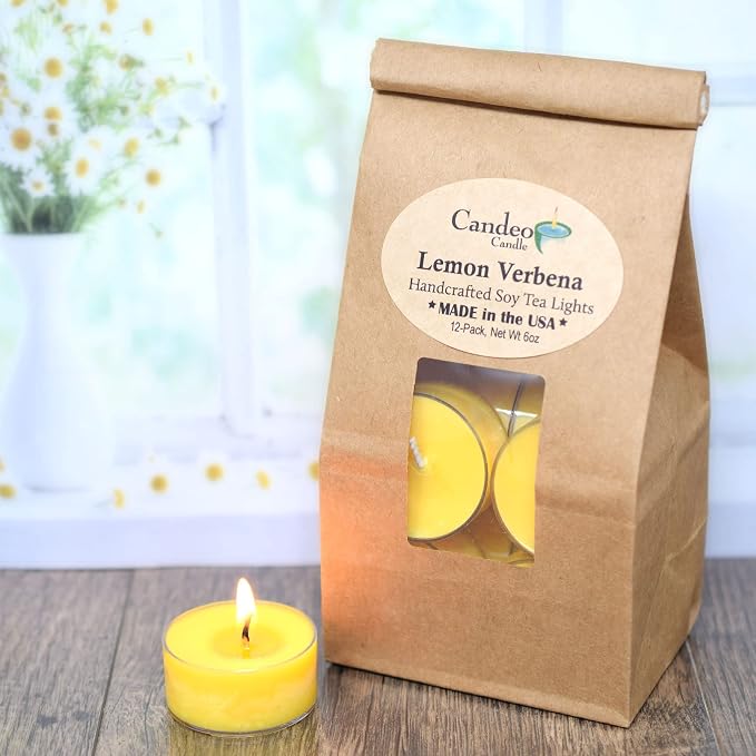 Lemon Verbena Scented - Soy Tealight Candles, 12 Pack - Highly Scented - Handmade in The USA - Candeo Candle - Summer Scents