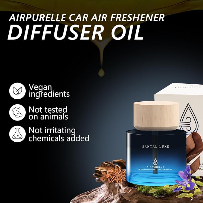 Car Air Freshener 50ML (1.7 FL OZ) Car Air Fresheners Perfume - Spicy Sandalwood Fragrance Oil Air Diffuser for Car, 180+ days Long Lasting Fragrance, Wooden Cup Design Car Fresheners, Made in USA
