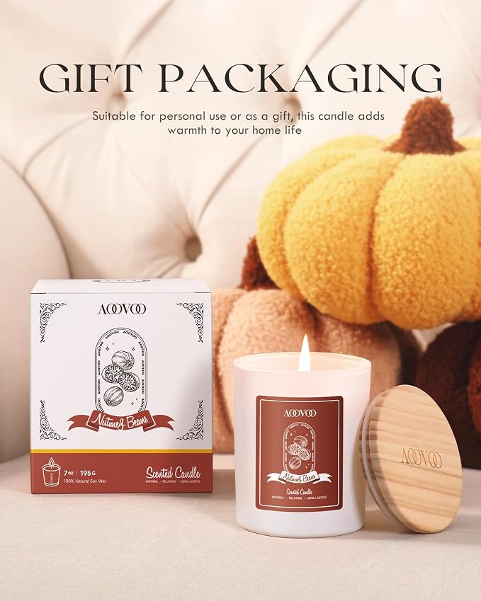 AOOVOO Nutmeg Beans Scented Candles for Women - Aromatherapy Candle with Crystals Inside, 7oz Soy Candles for Home Scented, Mothers Day Birthday Gifts Candle for Women Mom