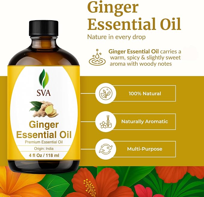SVA Ginger Essential Oil – 4 Fl Oz – 100% Natural Ginger Oil - for Diffuser, Hair Care, Face, Skin Care, Aromatherapy, Scalp and Body Massage, Soap and Candle Making – with Dropper