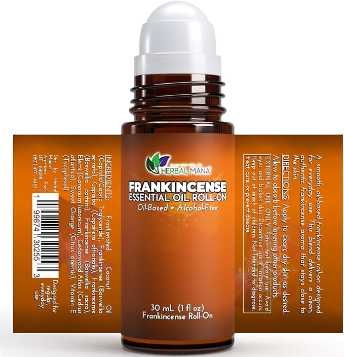 Frankincense Essential Oil Roll-On, 30mL (1 fl oz) – Pre-Diluted in Fractionated Coconut Oil (FCO) – Oil-Based, Alcohol-Free Aromatherapy Roller