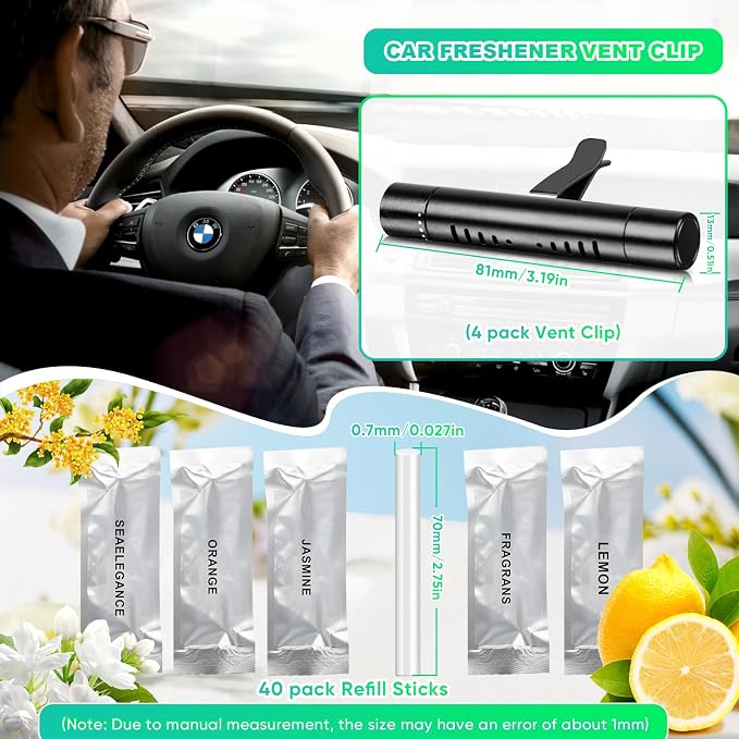 4 Pack Car Air Fresheners Vent Clips Diffuser Vent Clip for Cylindrical Essential Oil with 40 Refill Sticks Scents Diffuser for Kitchen Bathroom Pet Houses(Black)