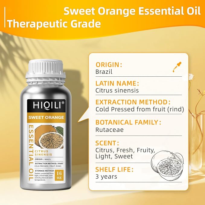 HIQILI 16 Fl Oz Orange Essential Oil, Large Capacity - 500ml | Air Freshening & Space Cleaning, DIY Raw Material, Skin Care, for Public Toilet, Mall, Hotel, DIY Studio, Beauty Salon