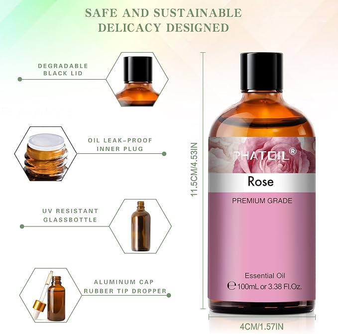 PHATOIL 3.38FL.OZ Rose Essential Oil with Glass Dropper, for Aromatherapy Diffusers, Humidifiers, Great for DIY Candle and Soap Making, Huge 100ML Bottle