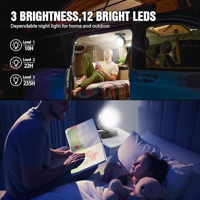 Portable Camping Fan with LED Lantern- 40H Work Time Rechargeable Battery Operated Fan with Hanging Hook for Tent Car RV Hurricane Emergency Outages Survival Kit Cruise Travel Camping Essentials Gear
