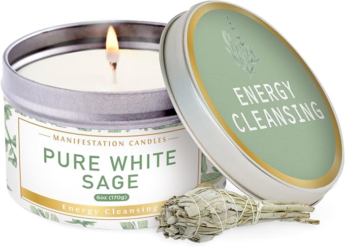 Magnificent 101 Long Lasting Pure White Sage Scented Candle - 6 oz - 35 Hour Burn - Natural Soy Wax Smudge for House Energy Cleansing, Positive Vibes & Manifestation