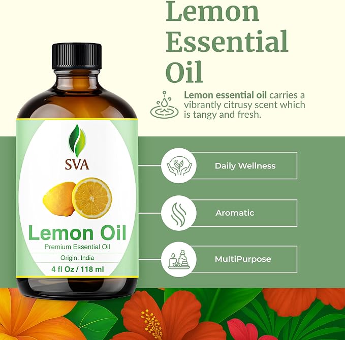 SVA Lemon Essential Oil – 4 Fl Oz - for Diffuser, Skin & Hair Care – Ideal for Massage & DIY Blends – with Dropper