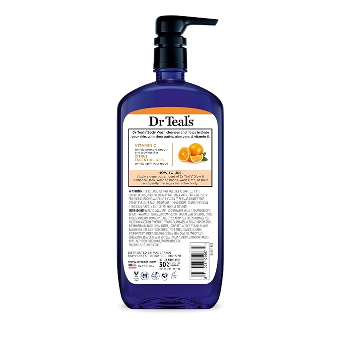 Dr Teal's Body Wash with Pure Epsom Salt, Glow & Radiance with Vitamin C & Citrus Essential Oils, 24oz (Pack of 4)