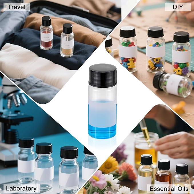 Kesell 50-Pack 10ml (0.338oz, 2.7dram) Glass Vials - Clear Borosilicate Glass Bottles with Labels for Essential Oil, Samples - Small Bottle for Oil