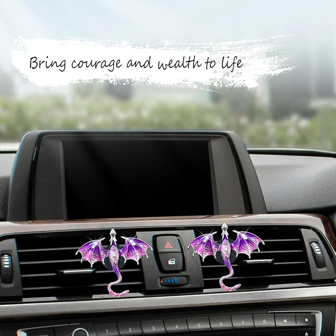 ORIESSE Bling Wyvern Car Air Freshener Vent Clips,2pcs Alloy Purple Enamel Dragon Vent Clips Car Accessories,Refillable Car Diffuser with Felt Mads,Coffee Fragrance Tablets