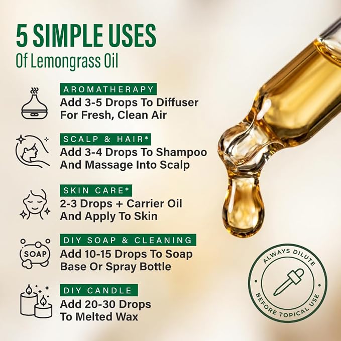 100% Pure Lemongrass Oil - 4 Fl Oz Lemongrass Essential Oil for Hair, Skin, Diffuser, Aromatherapy & DIY Soap Making Scent