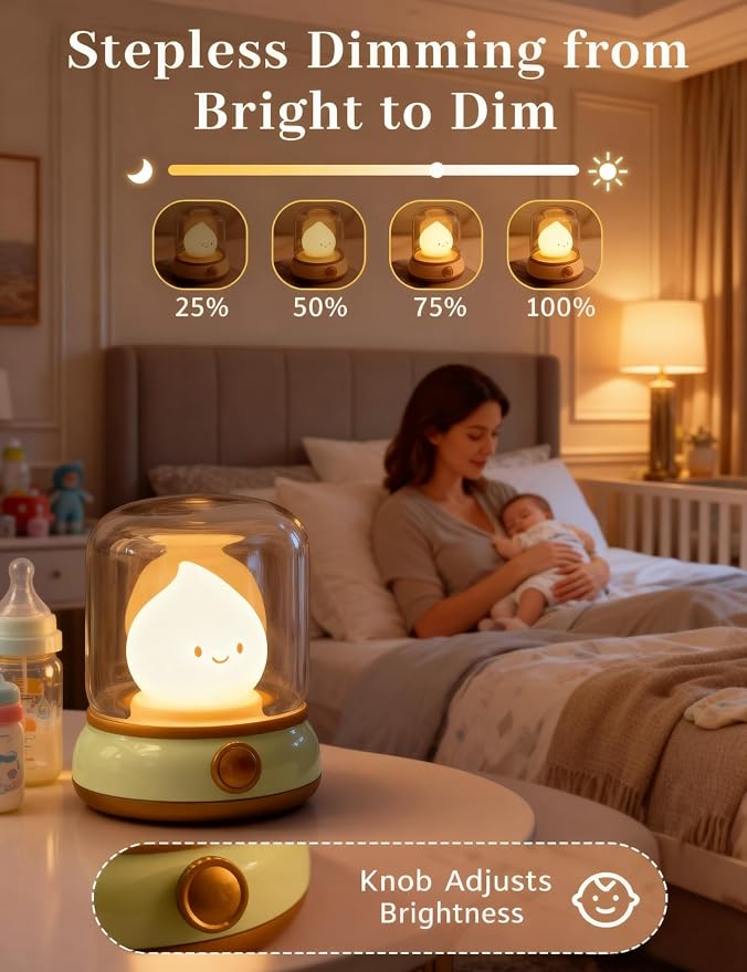 Smiley Night Light, Rechargeable Bedside Lamp with Timer & Dimmable Candle Flame, Portable LED Light for Baby Nursery, Bedroom, Camping - Cute Desk Decor & Gift