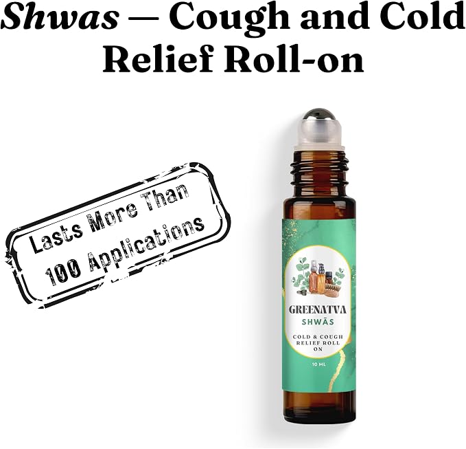 Shwas Cold Sore Throat Relief Roll On Essential Oil for Cough & Congestion, Eucalyptus, Peppermint Frankincense Essential Oil Blend for Breathing Comfort, Adults & Kids 10ml / 0.33 fl oz