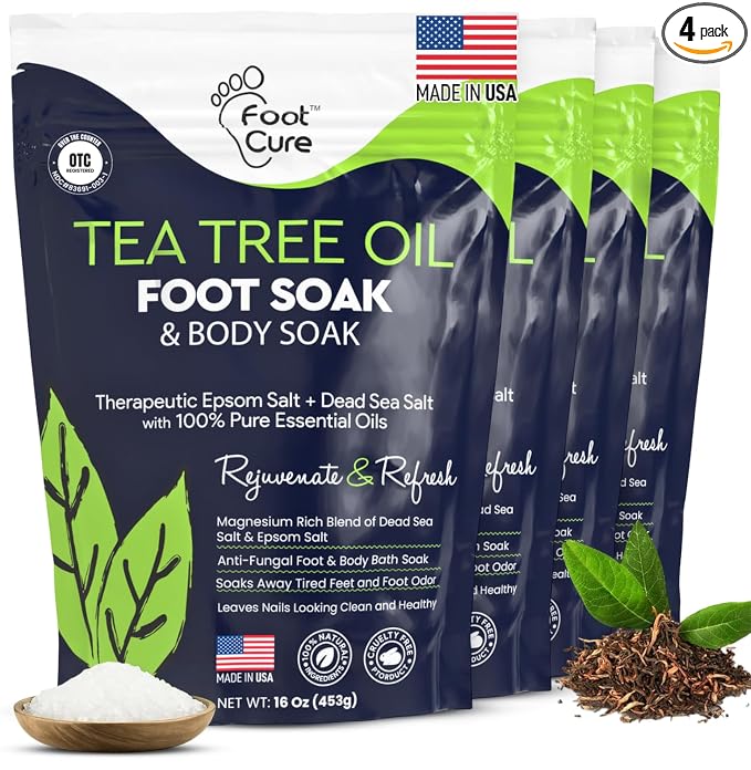 FOOT CURE Tea Tree Oil Foot Soak with Epsom Salts- for Foot Pain, Soreness, Athletes Foot, Odors, Toe Nail Fungus, Fungal, Calluses (Pack of 4)