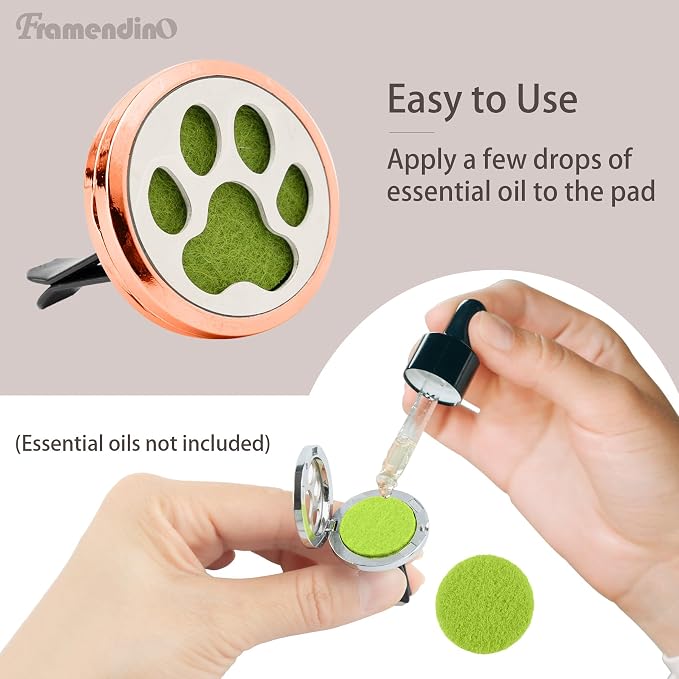 Framendino, 1 Pack Dog Paw Print Essential Car Oil Diffuser with 10 Felt Refill Pads Aromatherapy AIR Freshener Vent Clip Lockets for Men Women Gifts