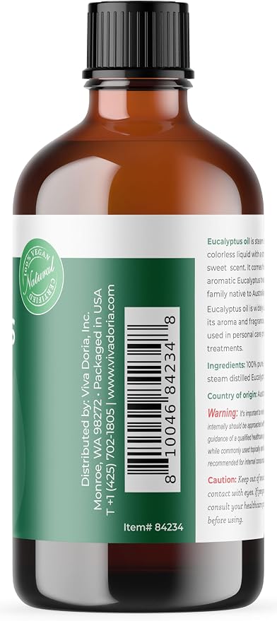 Viva Doria Eucalyptus Essential Oil, Food Grade, 118 ml (4 Fl Oz) | 100% Pure & Natural Eucalyptus Globulus, Australian Type | Aromatherapy Oil for Diffuser, Steam, and Massage