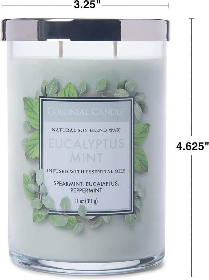 Colonial Candle Eucalyptus Mint Scented Jar Candle, Classic Cylinders Collection, 2 Wick, Green, 11 oz - Up to 80 Hours Burn