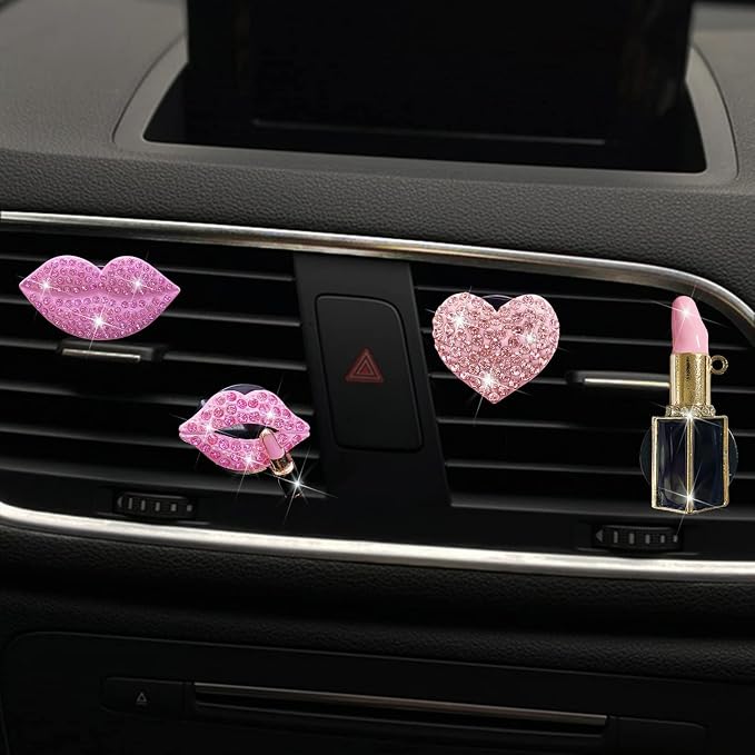 Pink Lips Air Vent Clips, 4 Pcs Sexy Lips Kiss Heart Shape Car Air Fresheners for Women Charms Rhinestone Diffuser Vent Clip Cute Car Decor Bling Car Accessories for Women