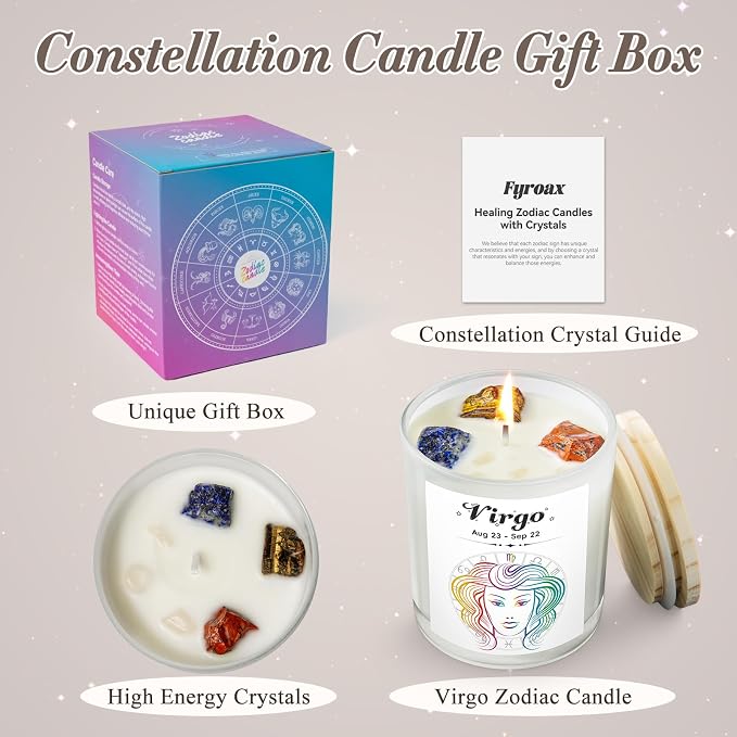 Virgo Gifts for Women, Zodiac Virgo Candle with Healing Crystals,Astrology Birthday Gifts for Women, Mom, Sister, Friends, Meditation, Yoga, Relaxation (7oz)