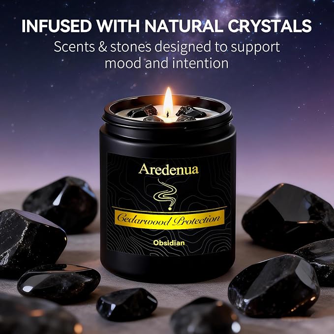 Scented Candle with Crystal for Emotional Protection and Grounding - Cedarwood Aromatherapy Candle with Obsidian Healing Crystals, Natural Soy Wax 7oz, Strength Gift for Women Men