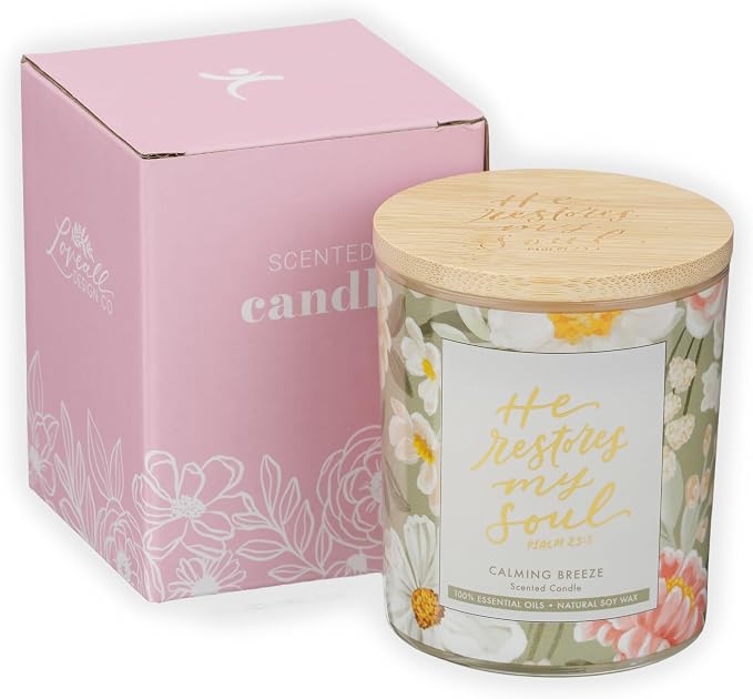 Christian Art Gifts Soy Wax Scented Candle: He Restores My Soul Bible Verse, Calming Breeze Scent, Pure Essential Oils, 4.5 oz, Up to 20 Hours Burn Time, Glass Jar w/Bamboo Lid, Encouragement Gift