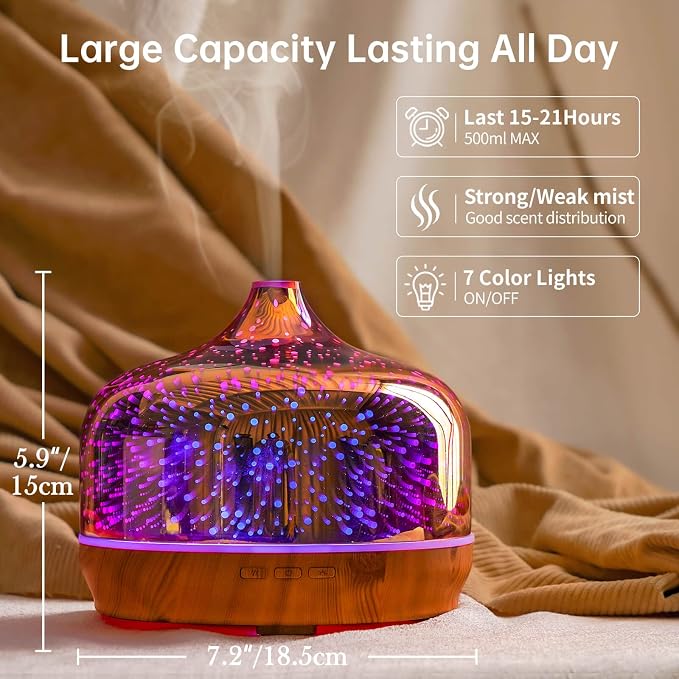 Porseme 500ml Essential Oil Diffuser 3D Glass Aromatherapy Ultrasonic Humidifier-Auto Shut-Off, Timer Setting, BPA Free for Home Hotel Yoga SPA Gift