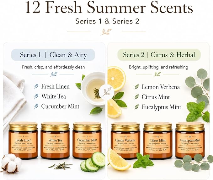 12 Pack Summer Scented Candles, 3.5 oz Amber Glass Jar Soy Candle Set, 8% Essential Oil Blend, Gifts for Women Birthday Housewarming