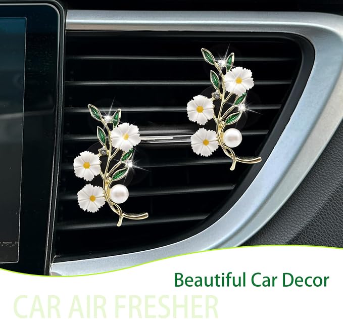 ORIESSE Flowers Car Accessories,2pcs White Daisy Green Leaves Air Vent Clips Car Air Freshener,Flower Car Decor for Women,Girly Refillable Diffuser