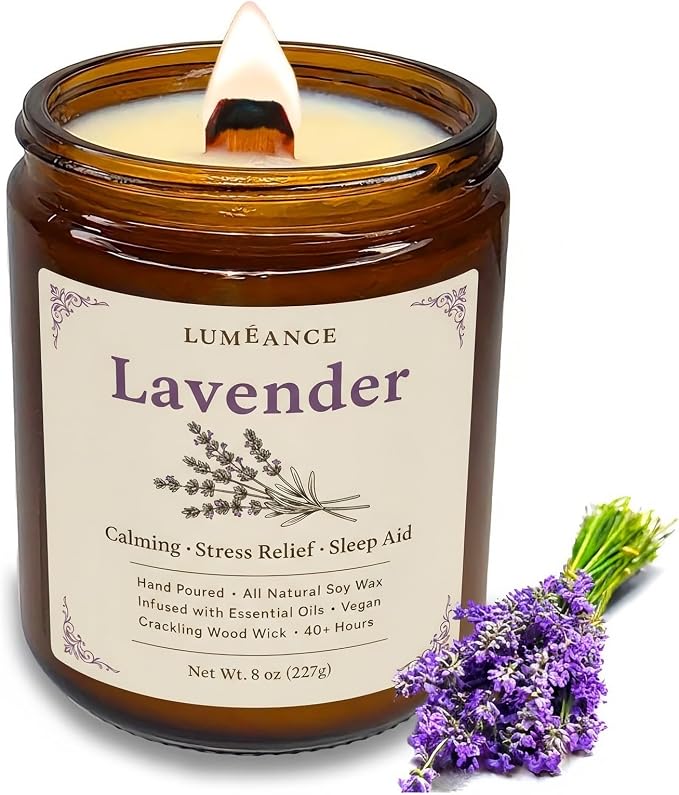 Lavender Candles for Calming & Stress Relief, Hand Poured in Small Batches, 8oz Crackling Wood Wick Candle, 40+ Hours, 100% Soy Wax with Essential Oils, Sleep Aid Gift