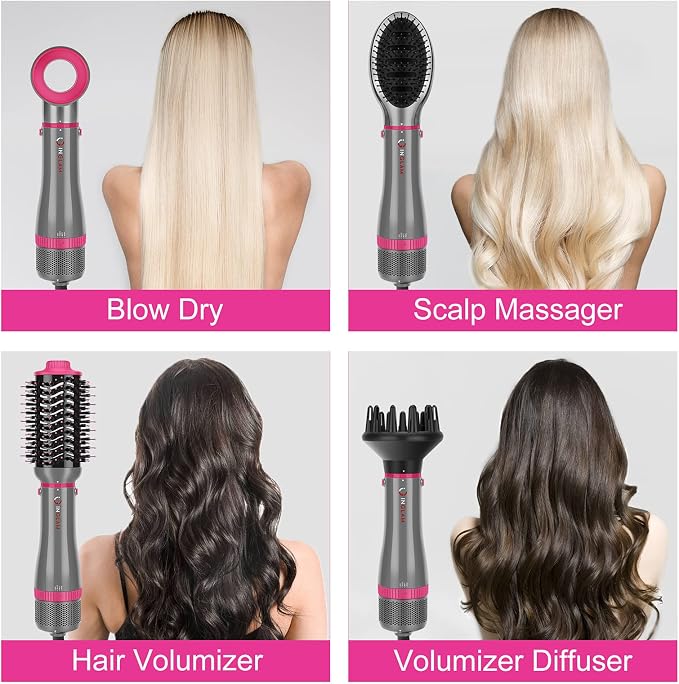 IG INGLAM 4 in 1 Blowout Brush, Negative Ion Detachable Hair Dryer & Styler Volumizer Hot Air Brush with 2 Styling Brush Heads, Silver