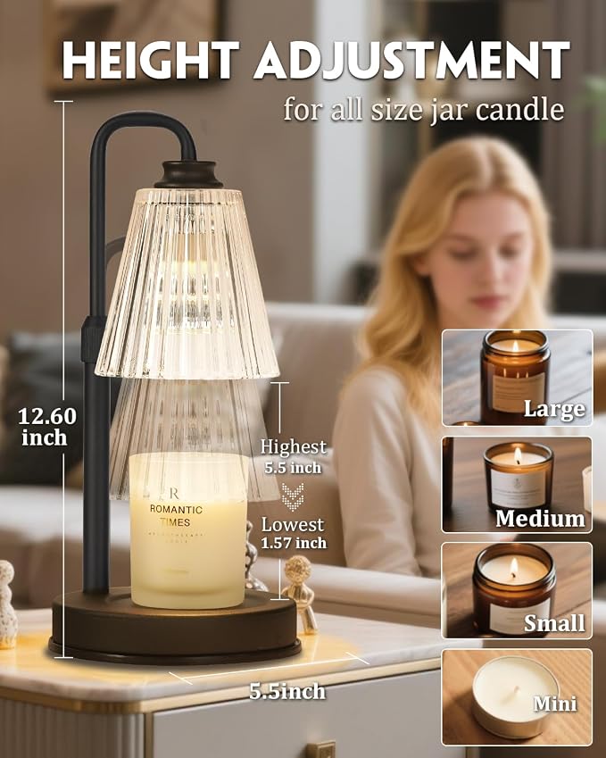 Candle Warmer Lamp with Timer Dimmable Crystal Vertical Stripe,Mothers Day Birthday Gifts for Women Mom, Adjustable Candle Warmer with 2 Bulbs, Black Candle Lamp for Jar Scented Candles, Home Decor