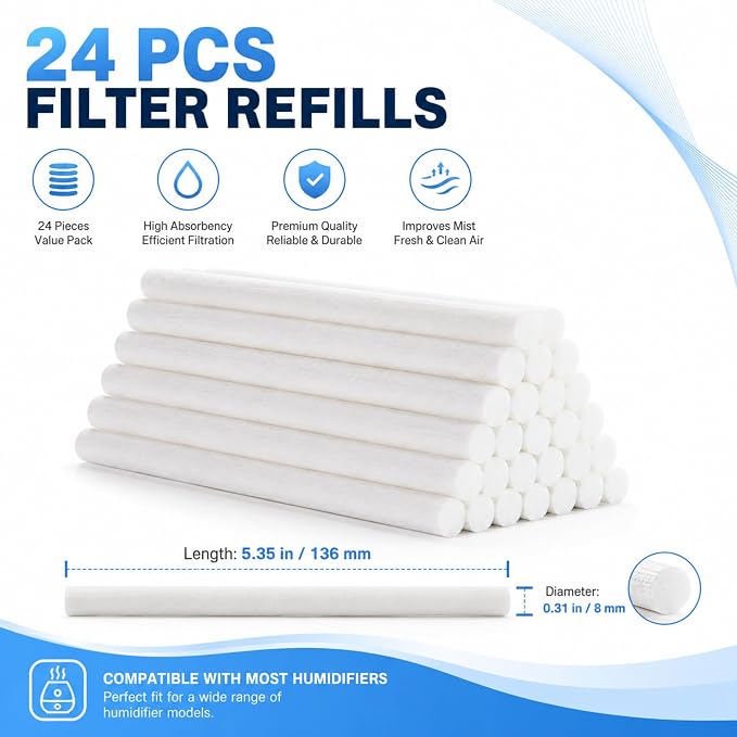 Mudder 24 pcs Humidifier Sticks Filter Refill 5.35''Mini Air Diffuser Pure Cotton Wicks Refill Humidifiers Filter Sticks Wicks for Small Portable Humidifier Diffuser in Office Bedroom Home