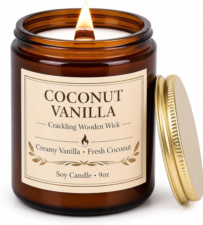 Coconut Vanilla Scented Candles for Home, 9oz Long Burning Soy Candles for Women, Wood Wick Natural Non Toxic Candle Jar, Aromatherapy Candle Gift for Home Bedroom Bathroom Office