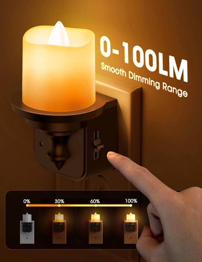 Briignite Flameless Candle Night Lights, Amber Plug-in 2 Pack, LED Candle with Light Sensor, 0-100LM Dimmable, Kids Hallway Bathroom Nightlight
