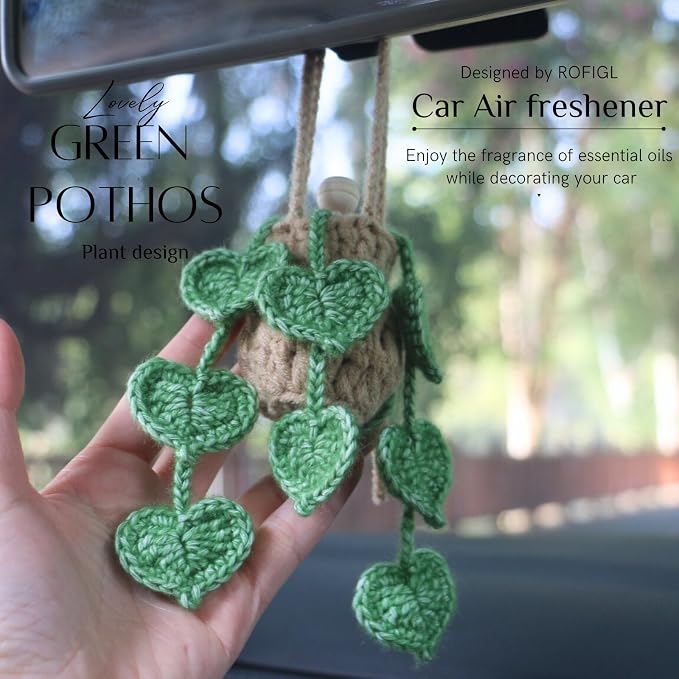 ROFIGL Handmade Crochet Hanging Car Air Freshener- Lifelike Green Pothos for Hanging with 12ml Thick Refillable Glass Diffuser Bottle, Suitable Decor for Car Rearview Mirror, Home & Wellness Spaces