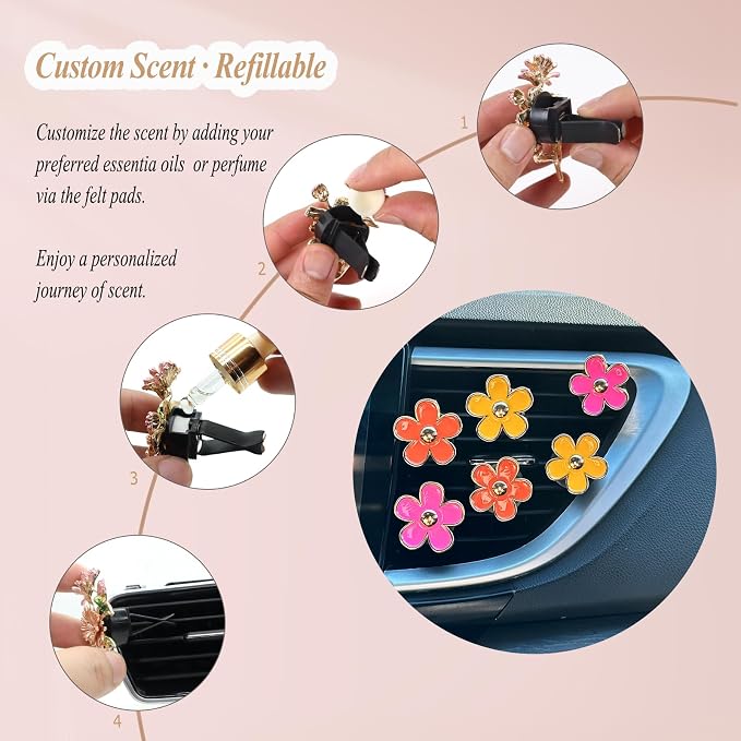 ORIESSE 6pcs Flower Air Freshener Vent Clips,Pink Yellow Orange Daisy Car Decor Accessories for Women,3.3cm/3cm Girly Refillable Diffuser