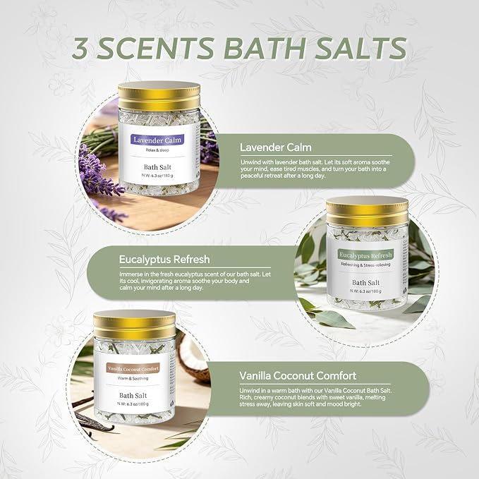 Epsom Bath Salt Gift Set for Women, 6 PCS (3 Scents 2 Each): Lavender, Eucalyptus & Vanilla Coconut, Relaxing Self Care Spa Gifts for Mom, Her, Birthday, Stress Relief & Get Well Soon