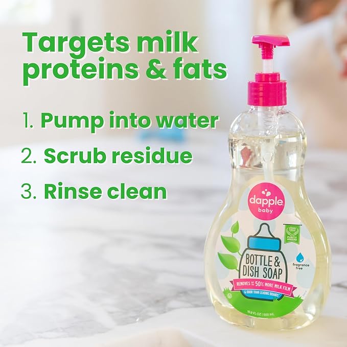 Dapple Baby Fragrance Free Bottle & Dish Soap - (3 Pack) 16.9 fl oz - Cleans Baby Bottles, Sippy Cups, Pacifiers, Breast Pumps, & More - Gently Removes Milk Film & Odors - Includes 1 Pump